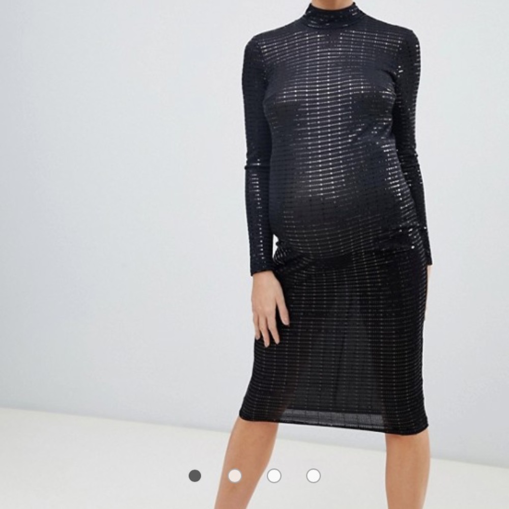 Maternity high neck midi dress in black metallic
